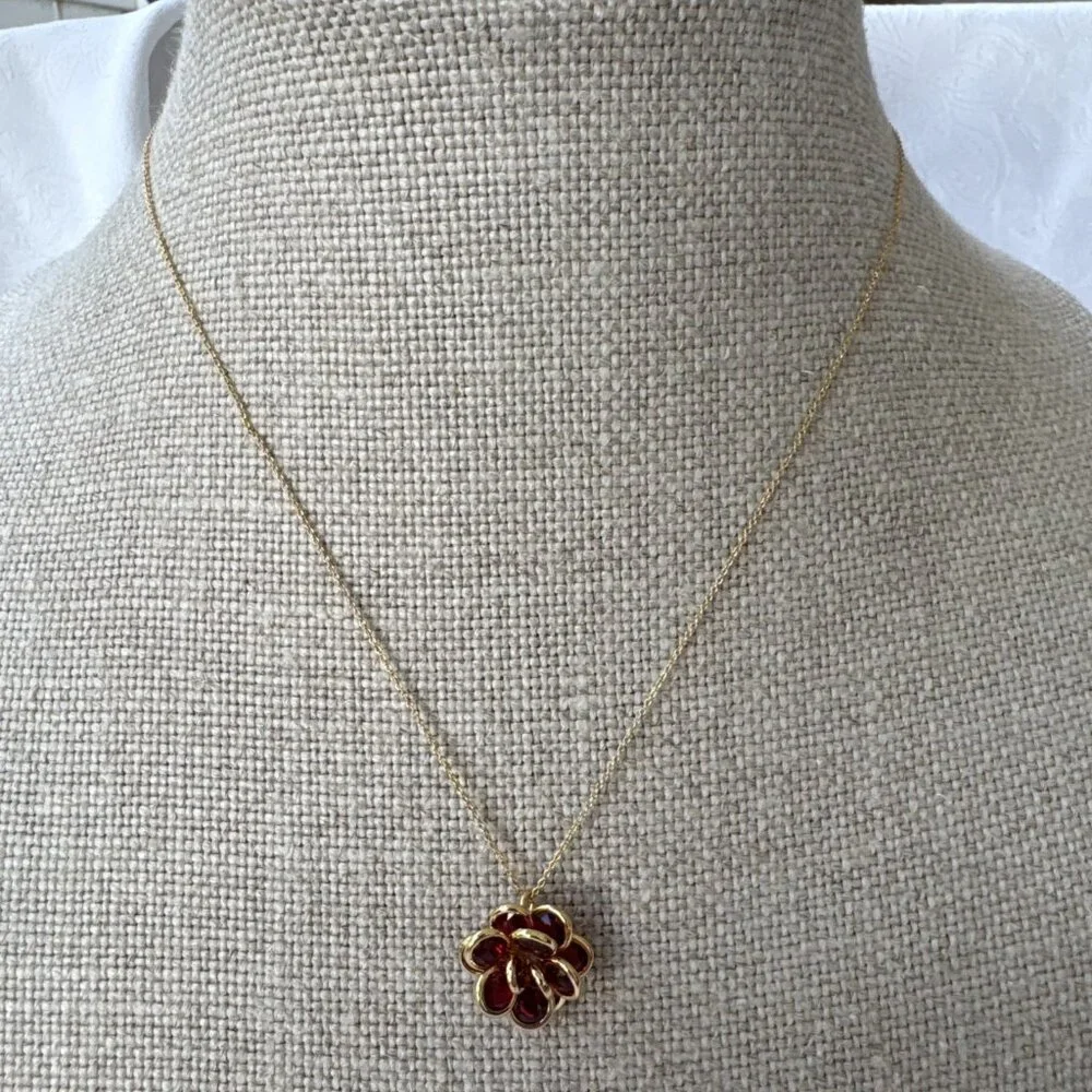 Kate Spade Gold Tone Crystal Ruby Flower Pendant Necklace Fashion Trendy NEW